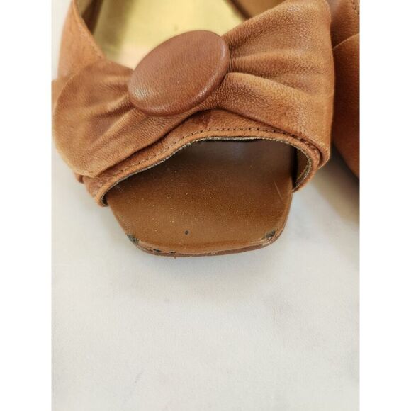 Maripe womens 7.5 leather medium brown high heel bow peep toe slingback block he - Picture 6 of 7